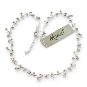 Vintage Monet Curved Bar Link Vine Clear Rhinestone Dainty Collar Necklace